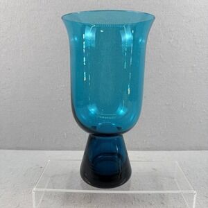 Vtg Morgantown Glass Peacock Blue Carleen Hurricane Vase MCM Smooth 9"